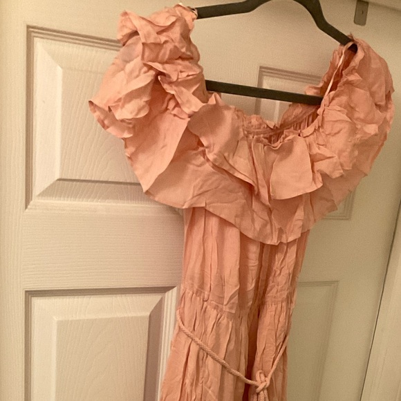 🆕Pink Off The Shoulder Flounced Flowy Ruffled Maxi Dress With Tasseled Belt - Picture 12 of 14